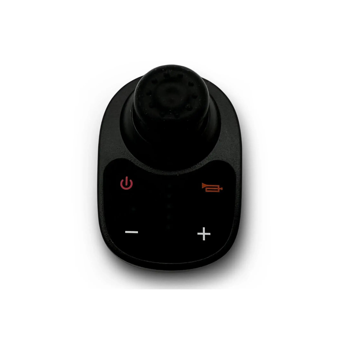 The ComfyGO Caregiver Controller for Electric Wheelchairs is a black device with a top round dial, red power button, orange mute icon, and plus/minus volume controls on its flat surface.
